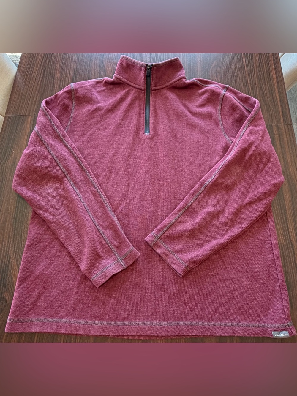 Eddie Bauer Mens Maroon Burgundy Pullover Waffle Knit Quarter Zip Sweater Size L